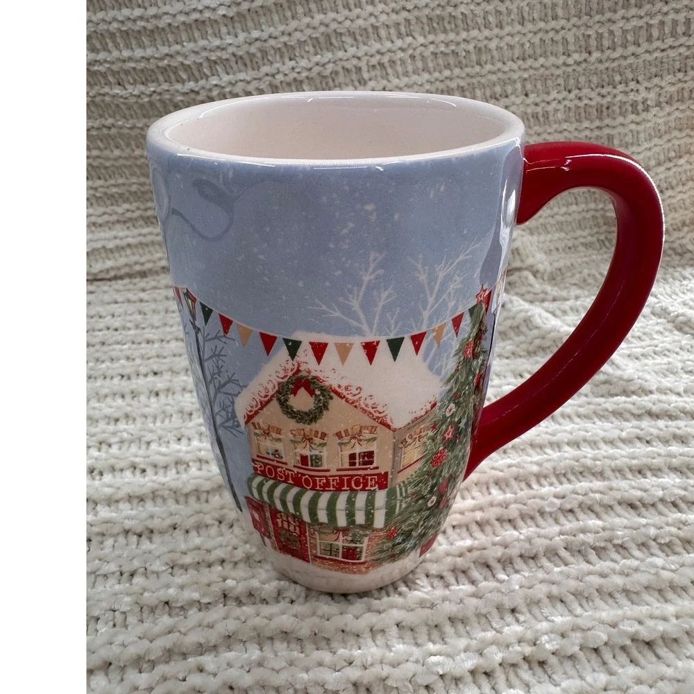 Pier 1 Xmas Village Scenes Coffee Mug Hand Painted‎ Ironstone Christmas Post